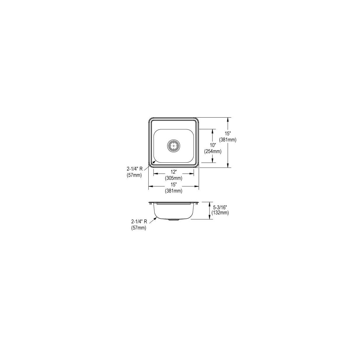 Stainless steel square drop-in bar sink with single bowl and one faucet hole, shown in top and side view with dimensions.