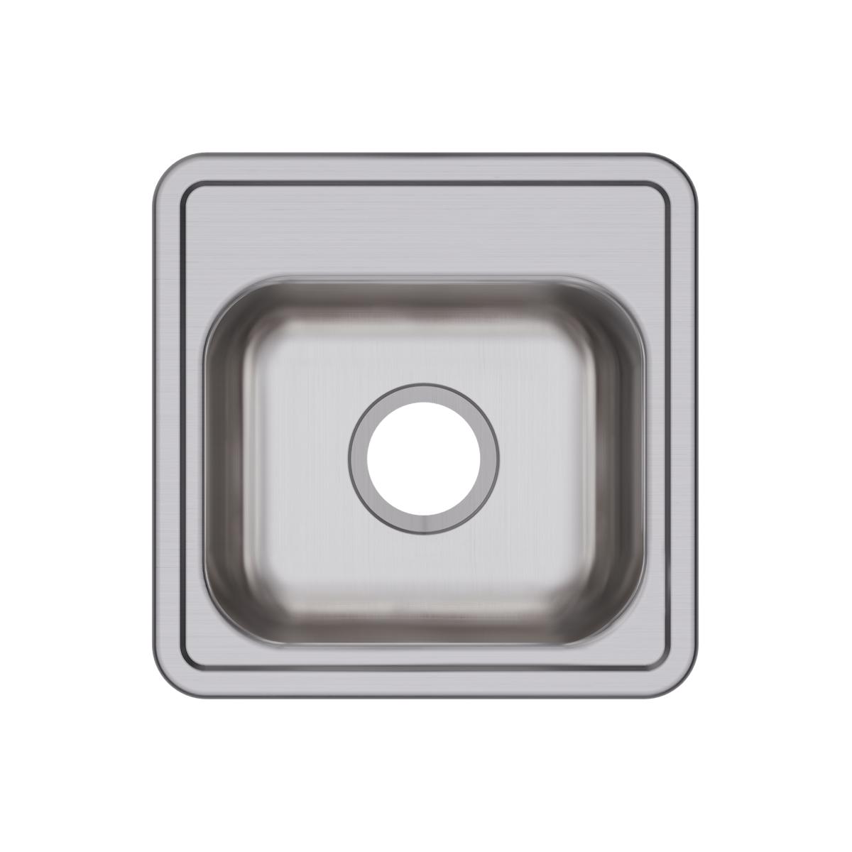 Stainless steel square drop-in bar sink with single bowl and center drain opening, viewed from above.