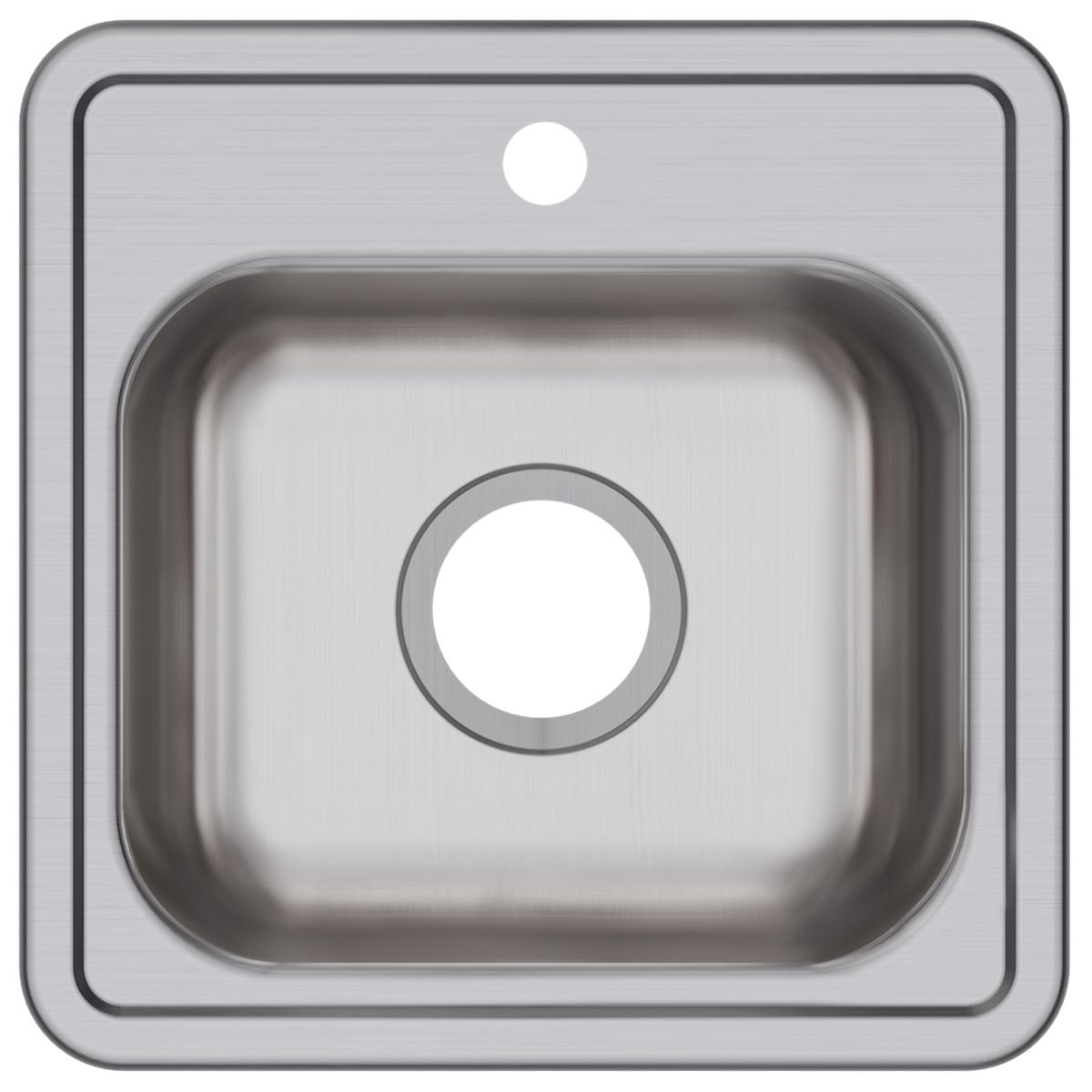 Stainless steel square drop-in bar sink with single bowl, one faucet hole, and centered drain opening.
