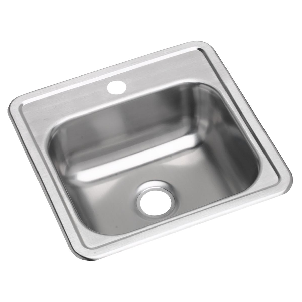 Stainless steel single bowl drop-in bar sink with one faucet hole and drain opening.