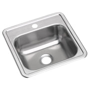 Stainless steel single bowl drop-in bar sink with one faucet hole and drain opening.