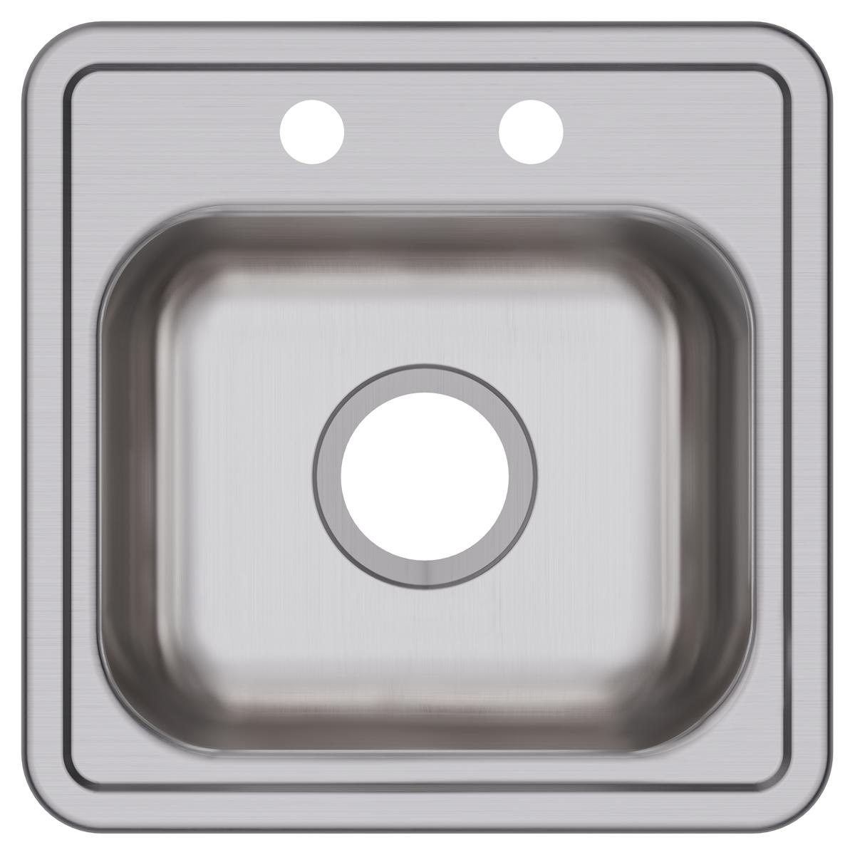 Stainless steel drop-in bar sink with single bowl, two faucet holes, and drain opening.