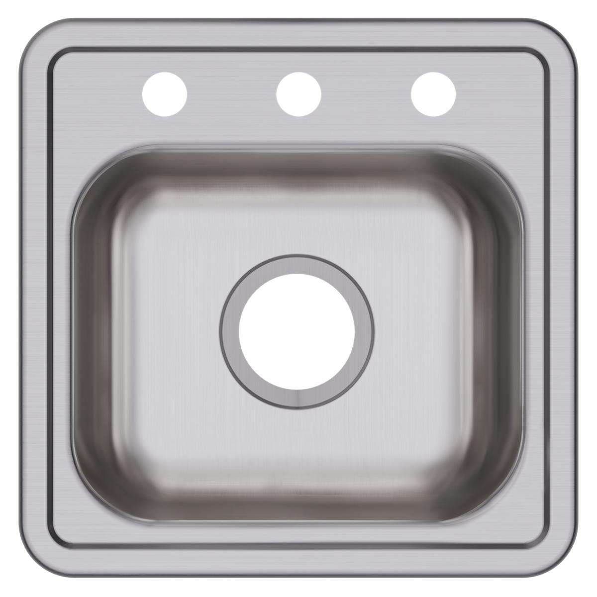 Stainless steel square drop-in sink with single bowl, three pre-drilled holes, and center drain opening.