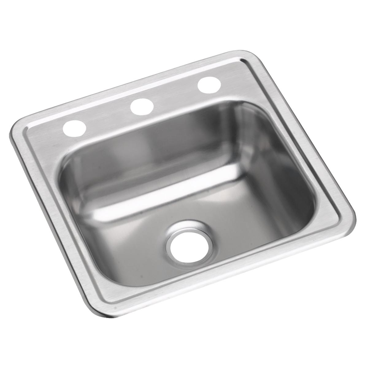 Stainless steel drop-in bar sink with single bowl, rounded corners, three pre-drilled holes on rim, and center drain opening.