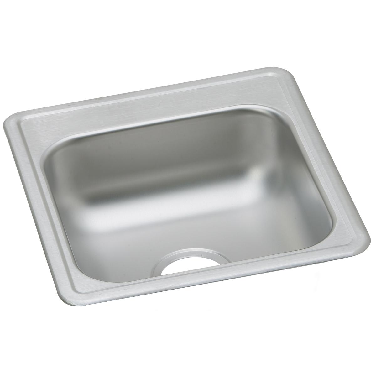 Stainless steel single bowl drop-in bar sink with rounded corners and drain opening, viewed from above at an angle.