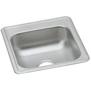 Stainless steel single bowl drop-in bar sink with rounded corners and drain opening, viewed from above at an angle.