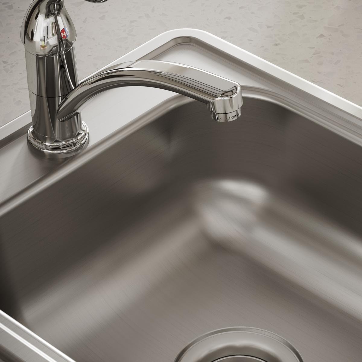 Stainless steel drop-in bar sink with single bowl, curved rim, and chrome faucet with spray head.