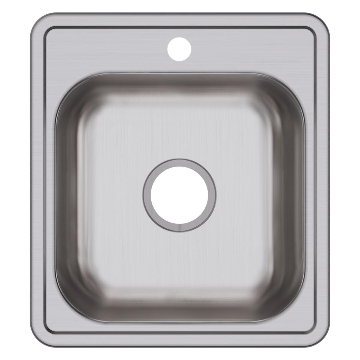 Stainless steel drop-in bar sink with single bowl, one faucet hole, and rounded corners.