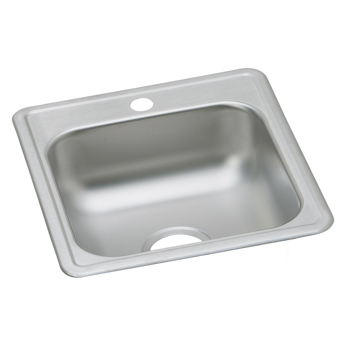Stainless steel drop-in bar sink with single bowl and one faucet hole on the rim.