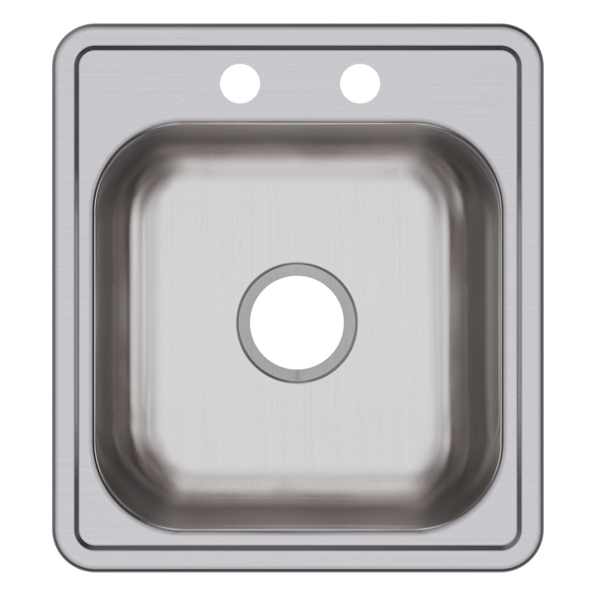 Stainless steel drop-in bar sink with single bowl, two faucet holes, and drain opening.