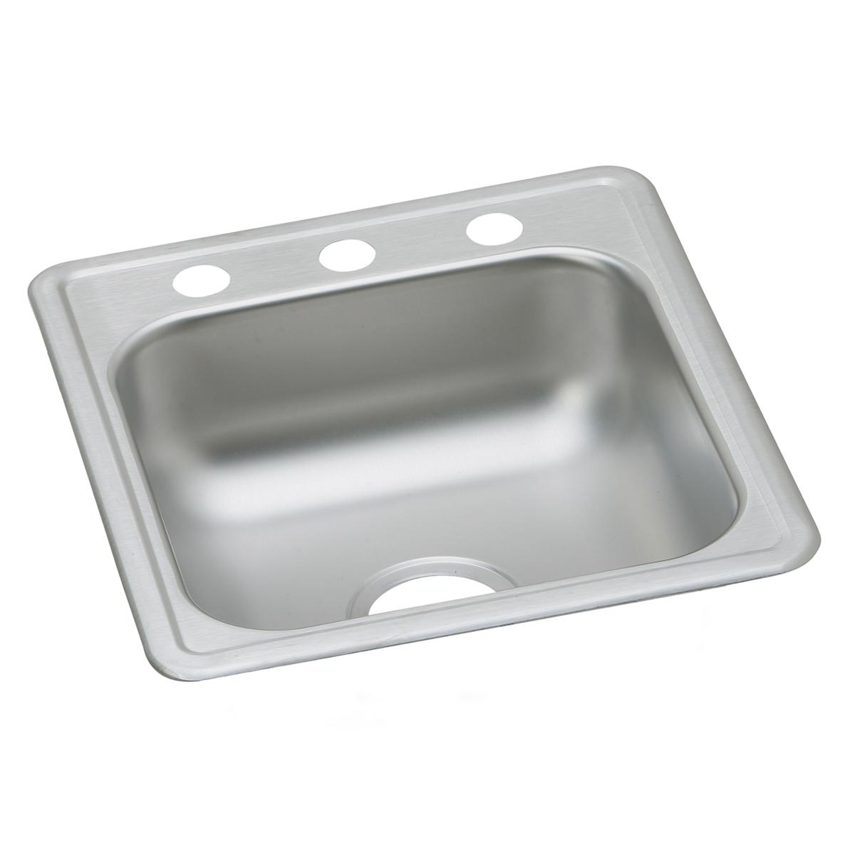 Stainless steel drop-in bar sink with single bowl and three pre-drilled faucet holes on the rim.