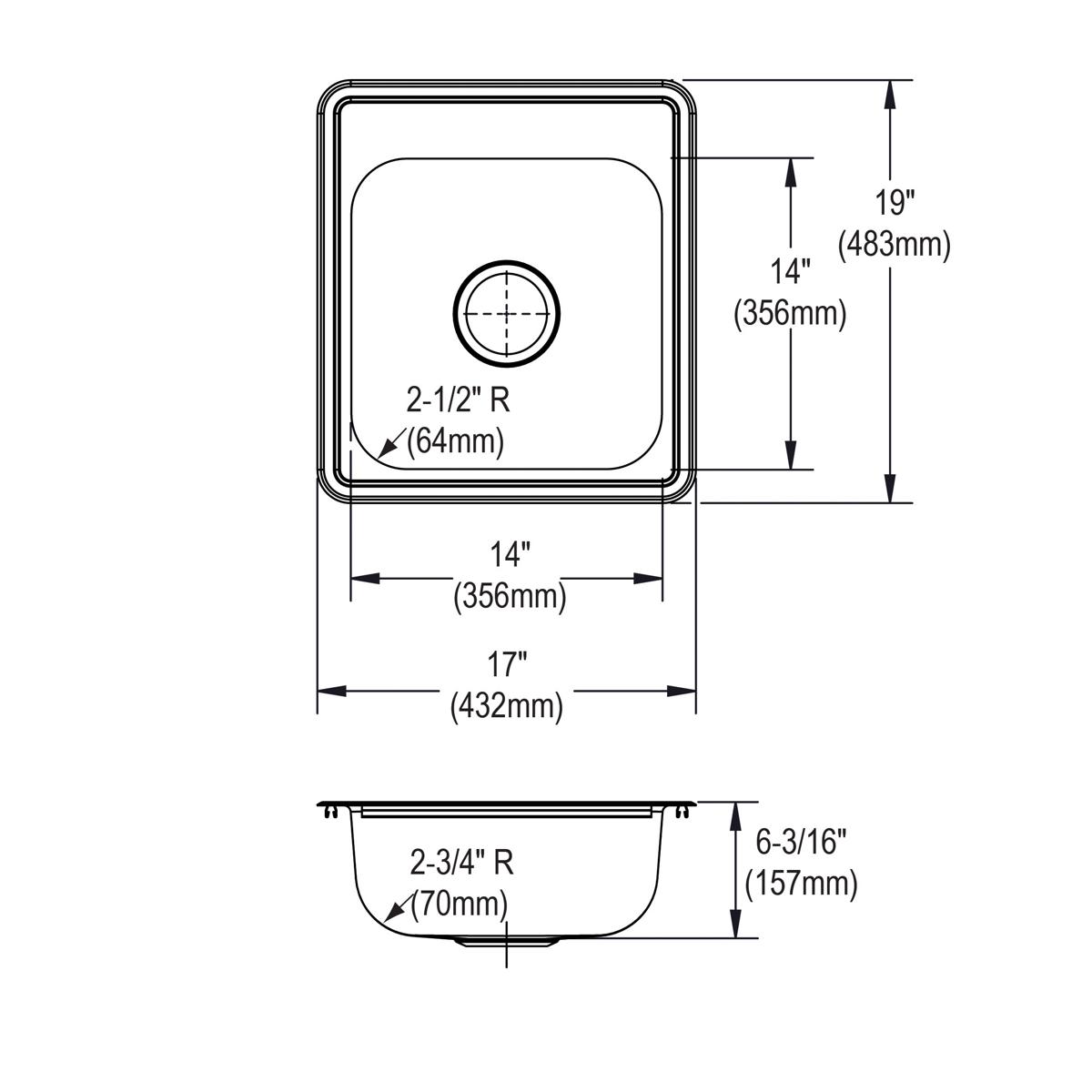 Stainless steel single bowl drop-in bar sink with one faucet hole, rounded corners, and depth specifications.
