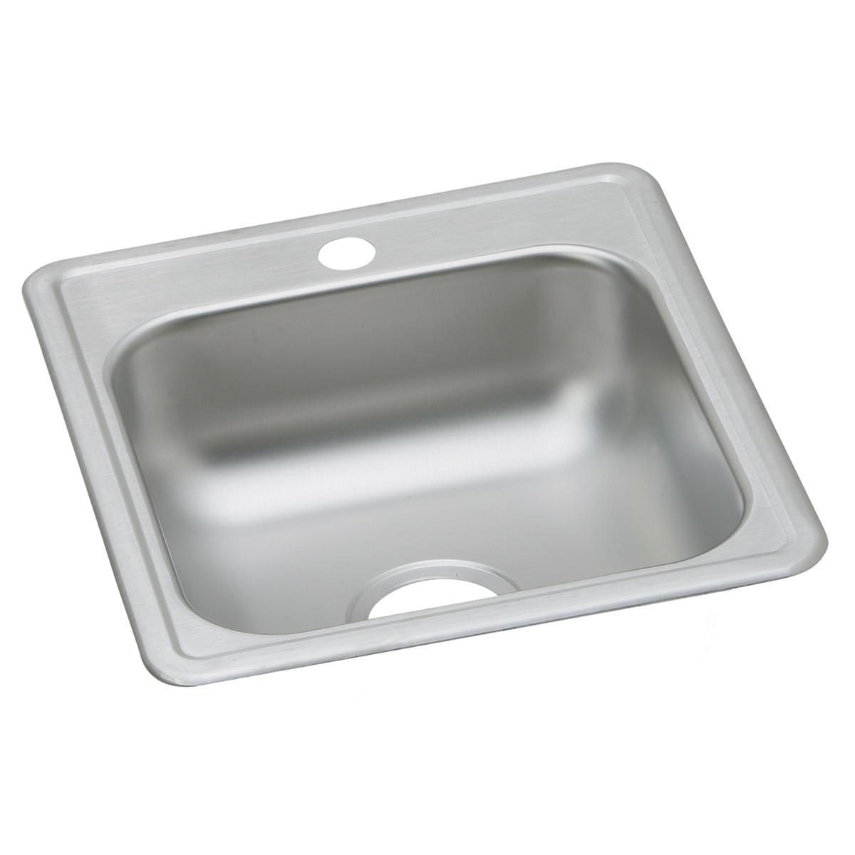 Stainless steel drop-in bar sink with single bowl, one faucet hole, and rounded corners.