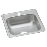 Stainless steel drop-in bar sink with single bowl, one faucet hole, and rounded corners.