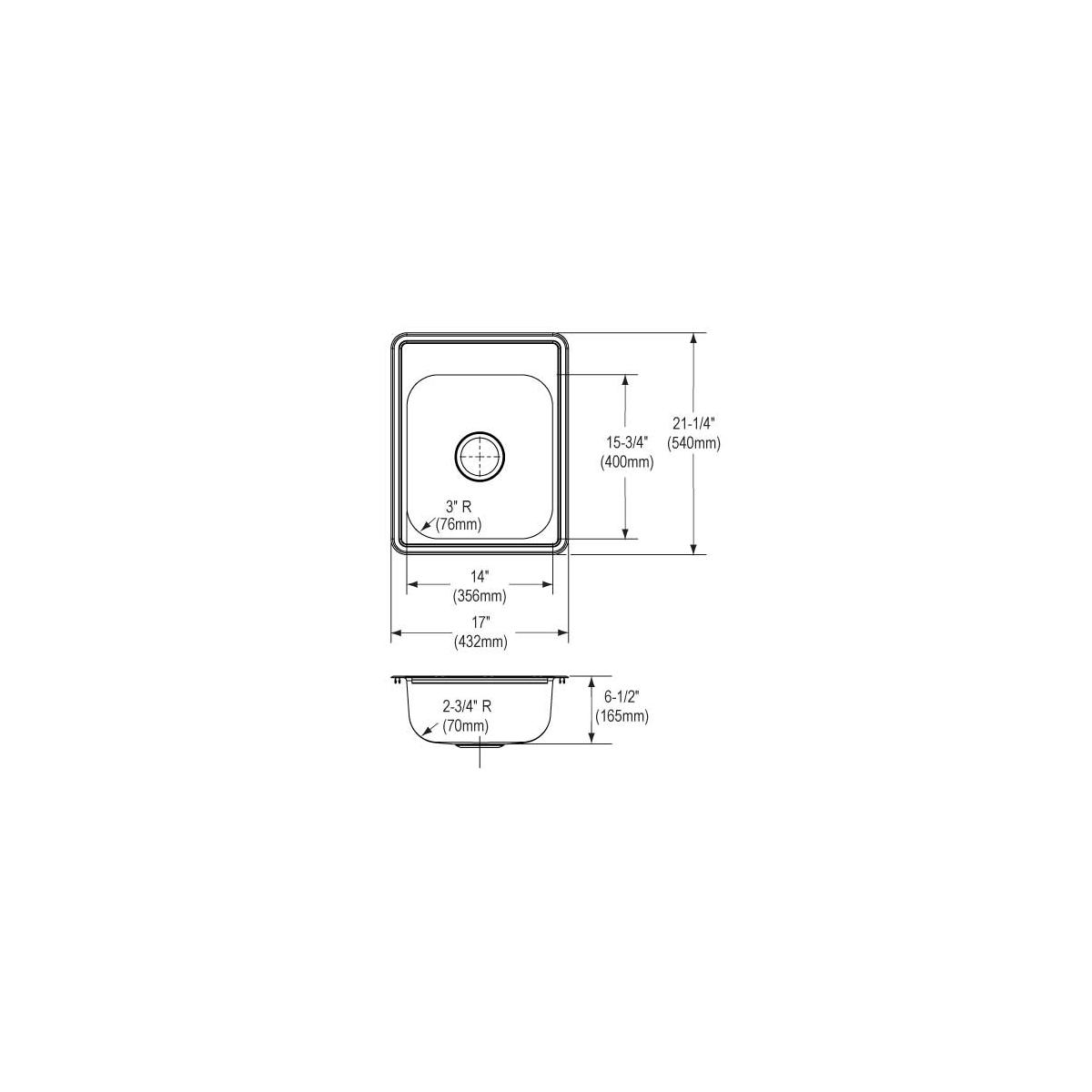 Stainless steel single bowl drop-in bar sink with top view and side profile showing dimensions and drain hole placement.