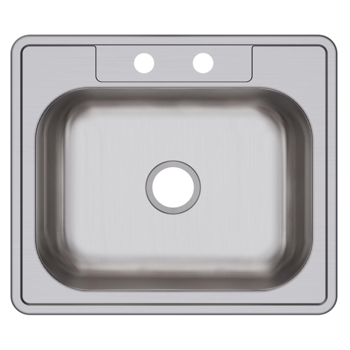 Stainless steel drop-in sink with single bowl, two faucet holes, and brushed finish, shown from above.