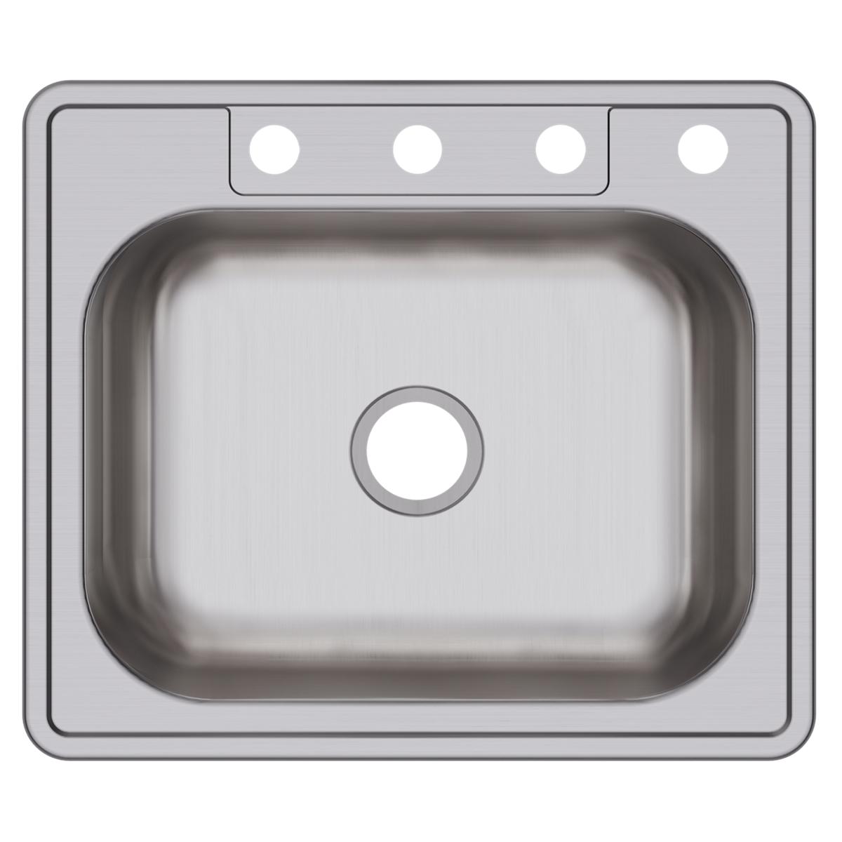 Stainless steel drop-in sink with single bowl, four mounting holes, and brushed finish surface.