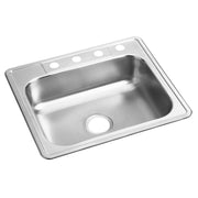 Stainless steel drop-in sink with single bowl, four mounting holes, and drain opening on countertop rim.