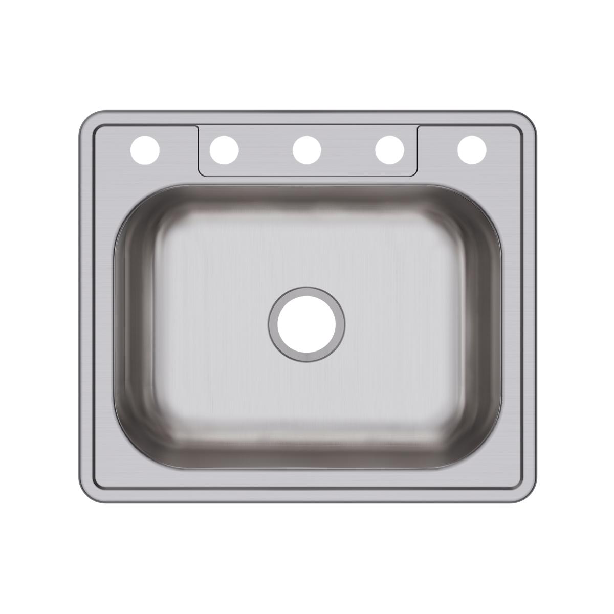 Stainless steel drop-in sink with single bowl and five mounting holes along the top rim.