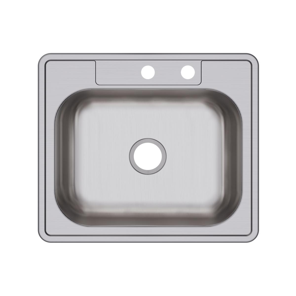 Stainless steel single bowl drop-in sink with two faucet holes and rounded corners, viewed from above.