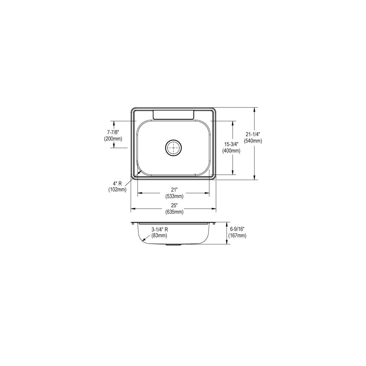 Stainless steel single bowl drop-in sink with rounded corners, center drain, and detailed dimension specifications shown in t