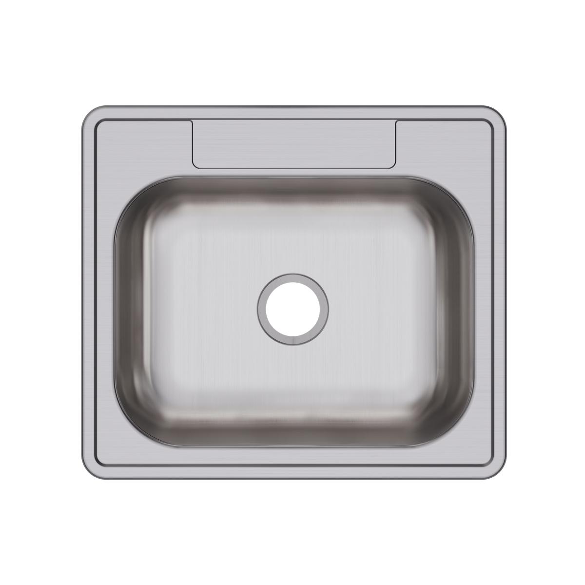 Stainless steel single bowl drop-in sink with rounded corners and one drain hole, shown from above.