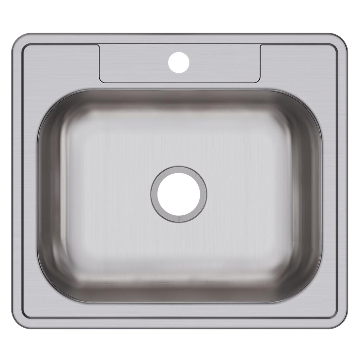 Stainless steel single bowl drop-in sink with one faucet hole and rounded corners, viewed from above.