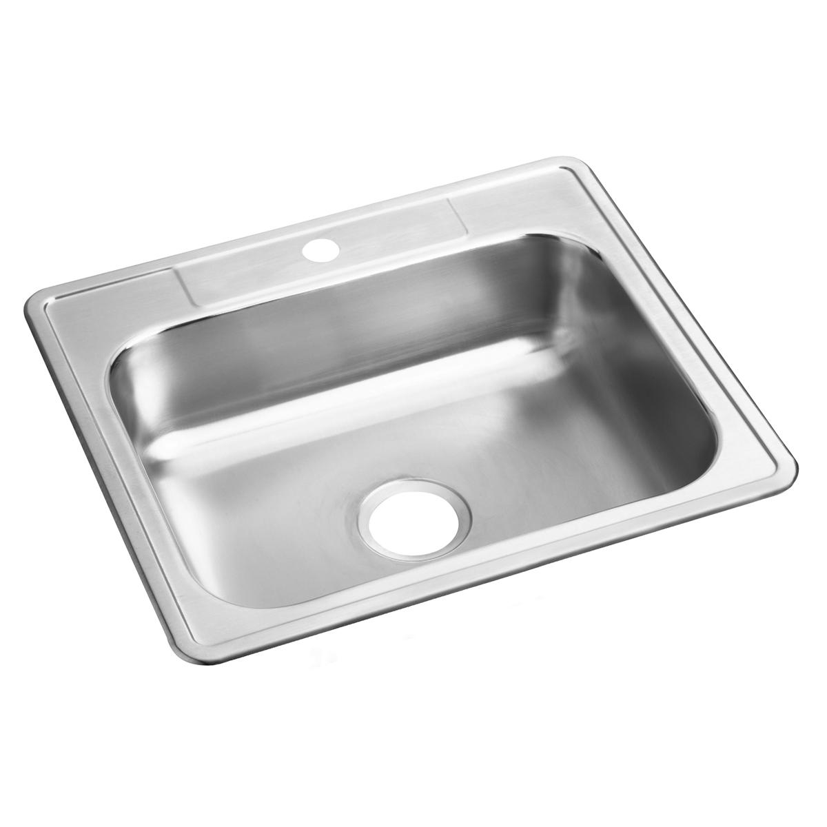 Stainless steel drop-in kitchen sink with single bowl, one hole, and drainboard on left side.