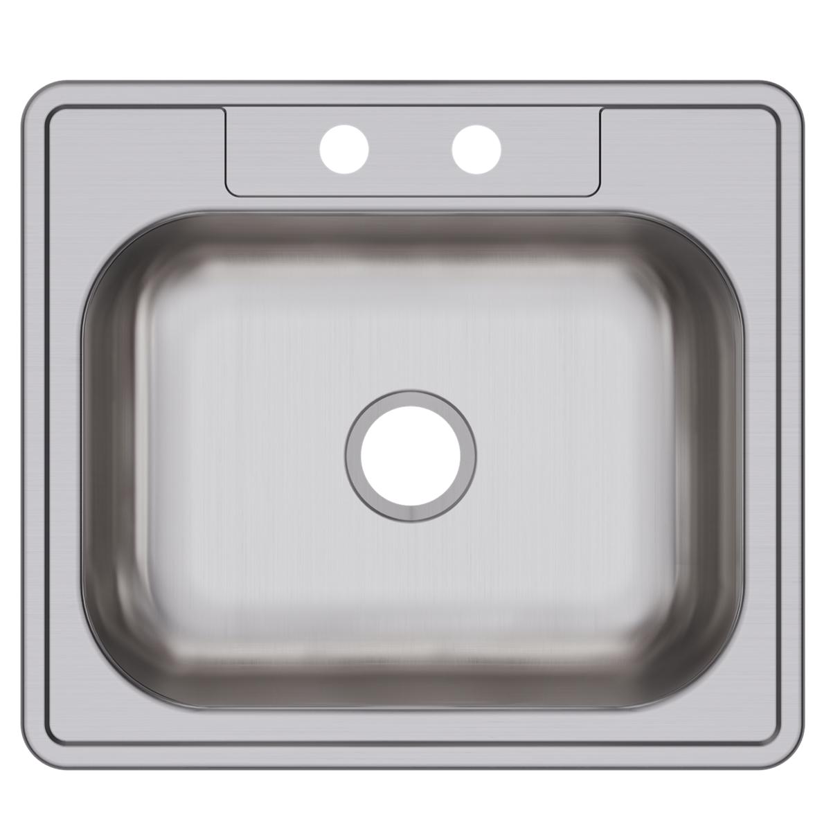 Stainless steel drop-in sink with single bowl and two faucet holes in the rim.