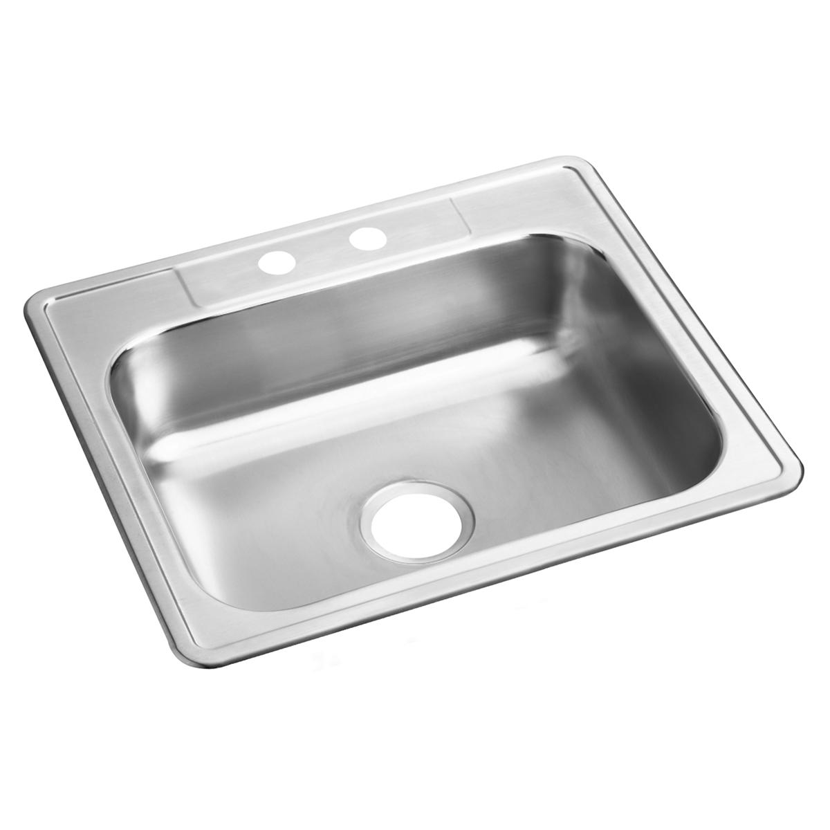 Stainless steel drop-in sink with single bowl and two faucet holes in rim.
