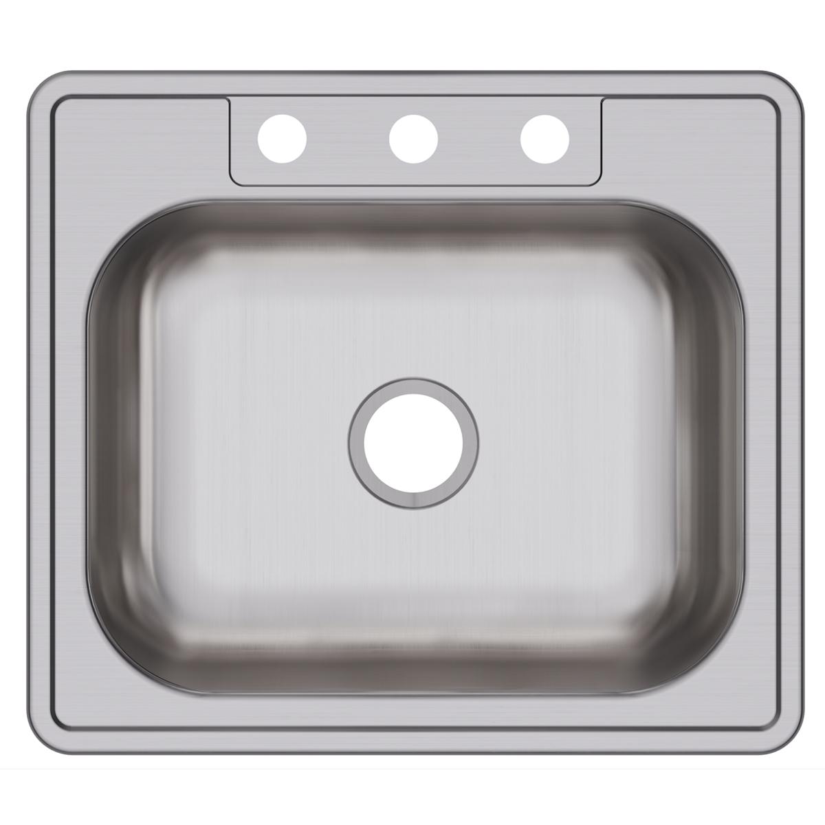 Stainless steel drop-in sink with single bowl, three pre-drilled faucet holes, and brushed finish surface.