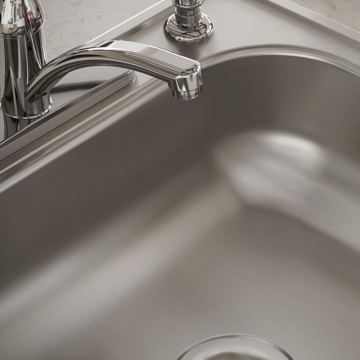 Stainless steel single bowl drop-in sink with chrome faucet and four mounting holes.