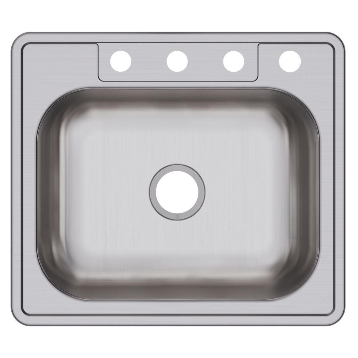 Stainless steel drop-in sink with single bowl and four mounting holes along the rim.