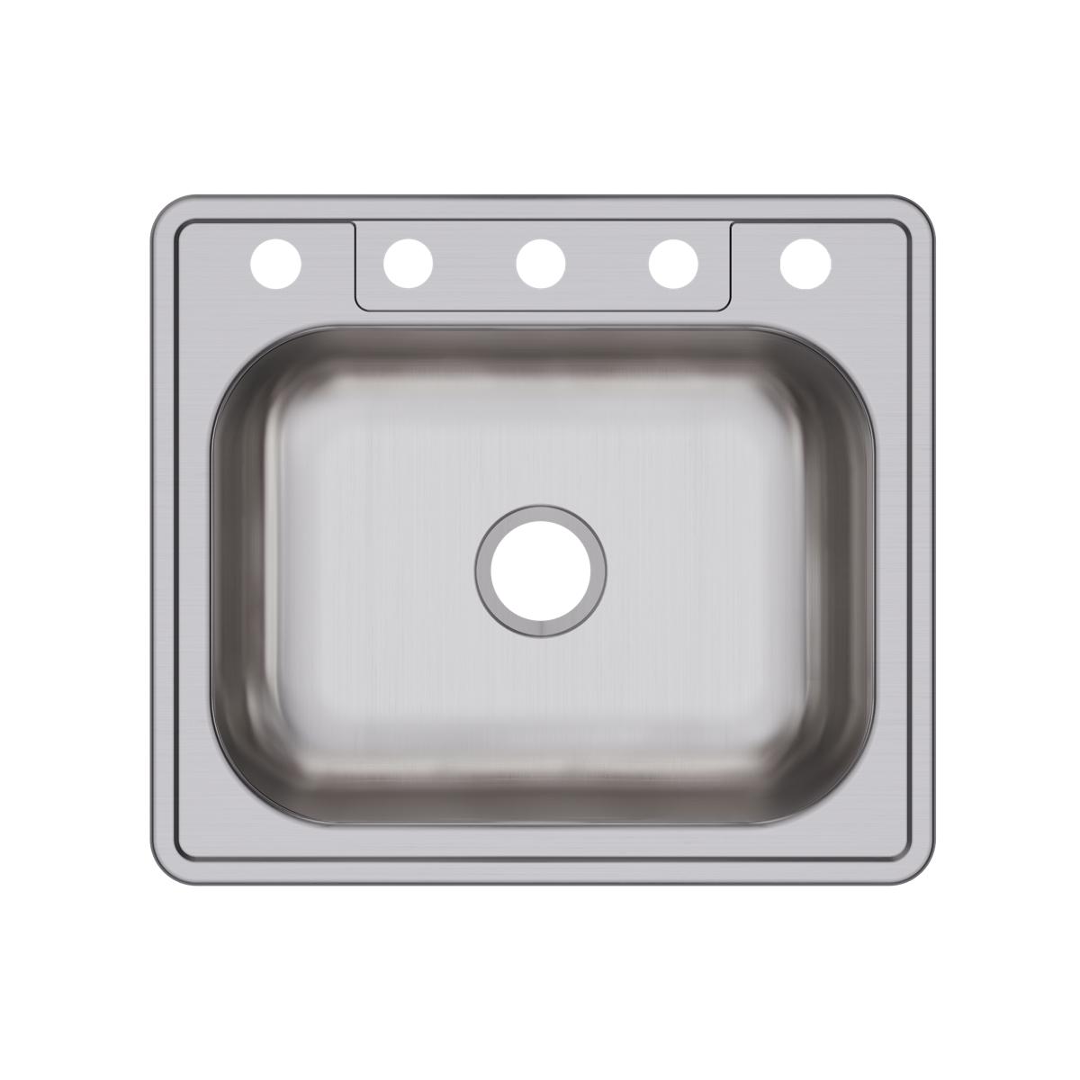 Stainless steel drop-in sink with single rectangular bowl and five mounting holes along the rim.