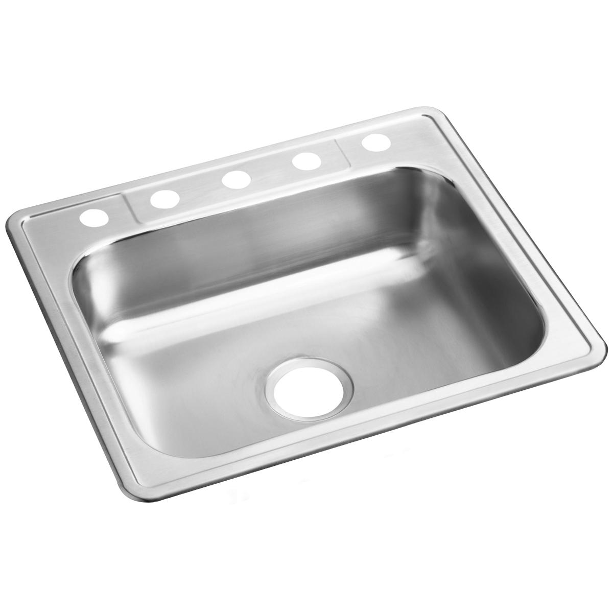 Stainless steel drop-in sink with single bowl and five holes along the rim for faucet installation.