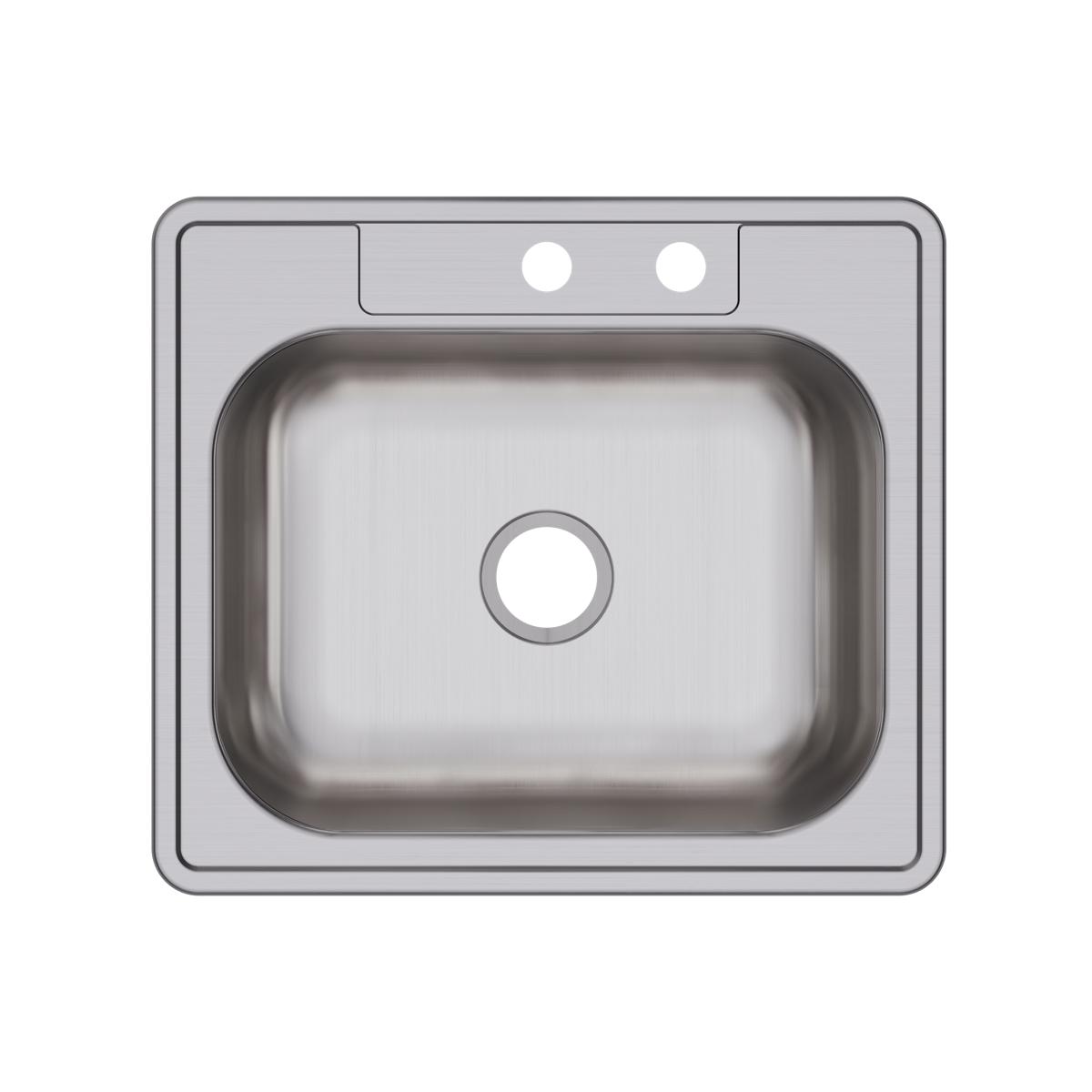Stainless steel single bowl drop-in sink with two faucet holes and drain opening, viewed from above.