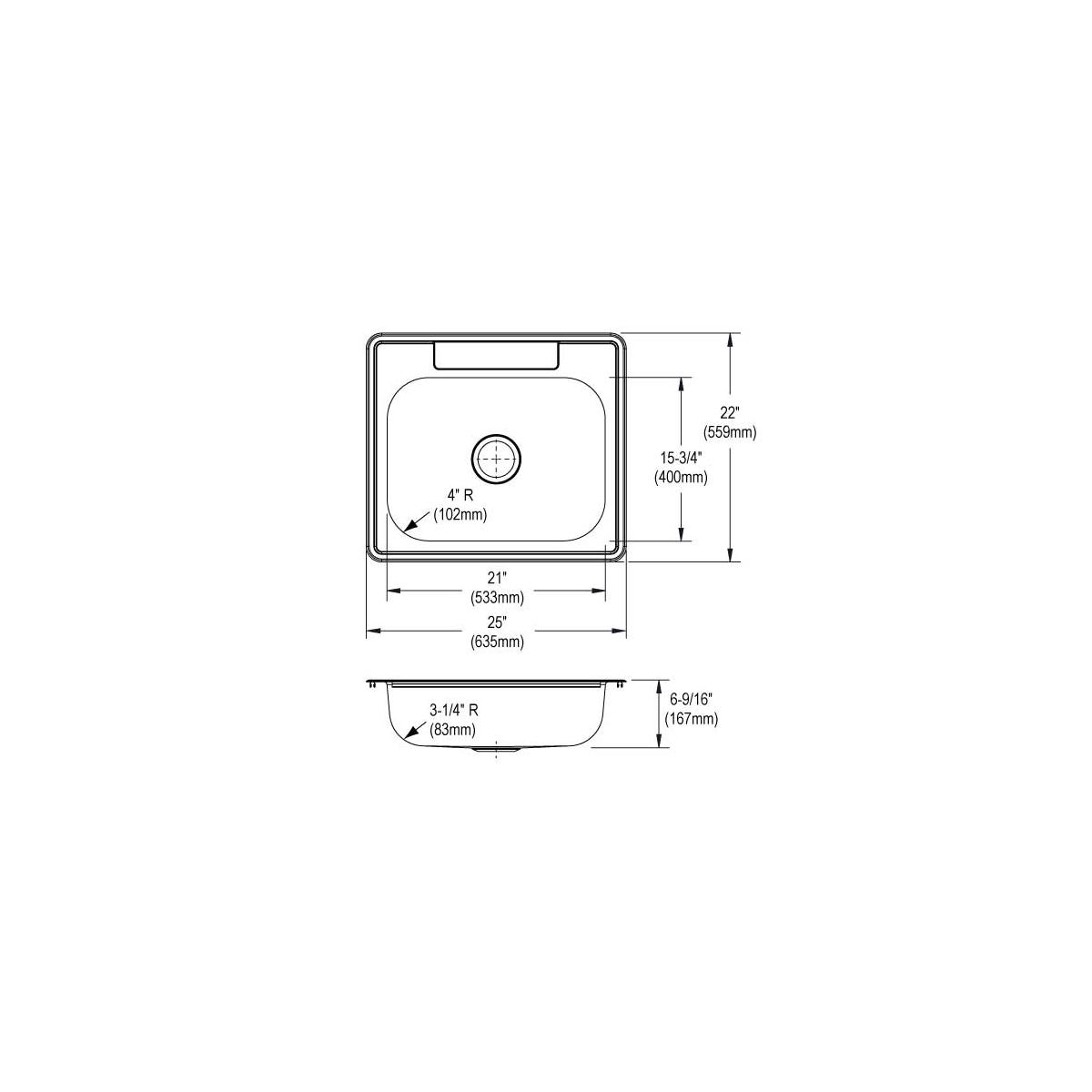 Stainless steel single bowl drop-in sink with technical dimensions and top view showing drain hole placement.