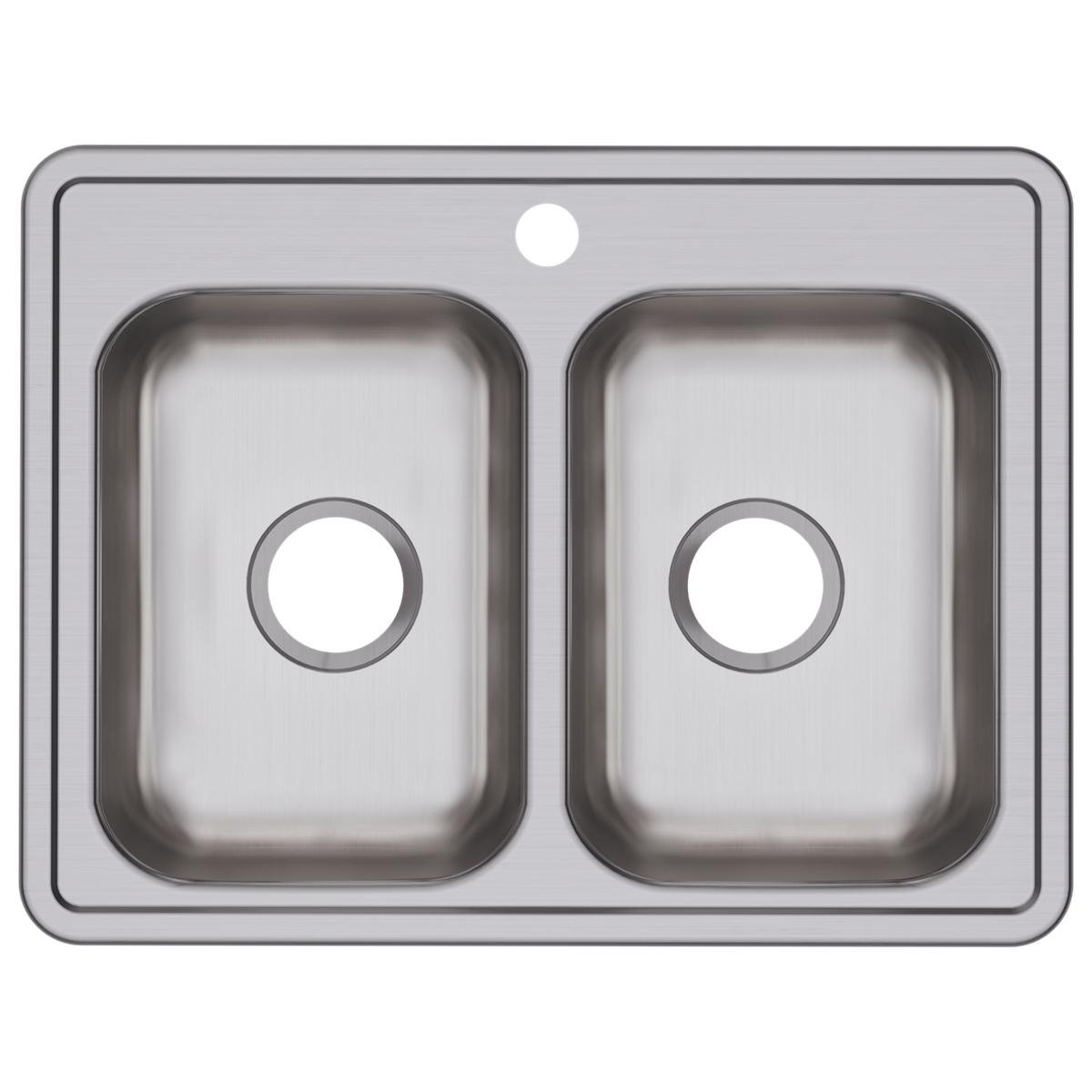 Stainless steel drop-in sink with two equal rectangular bowls and single faucet hole.