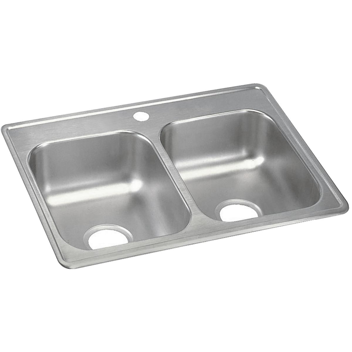 Stainless steel drop-in sink with two equal rectangular bowls and one faucet hole.