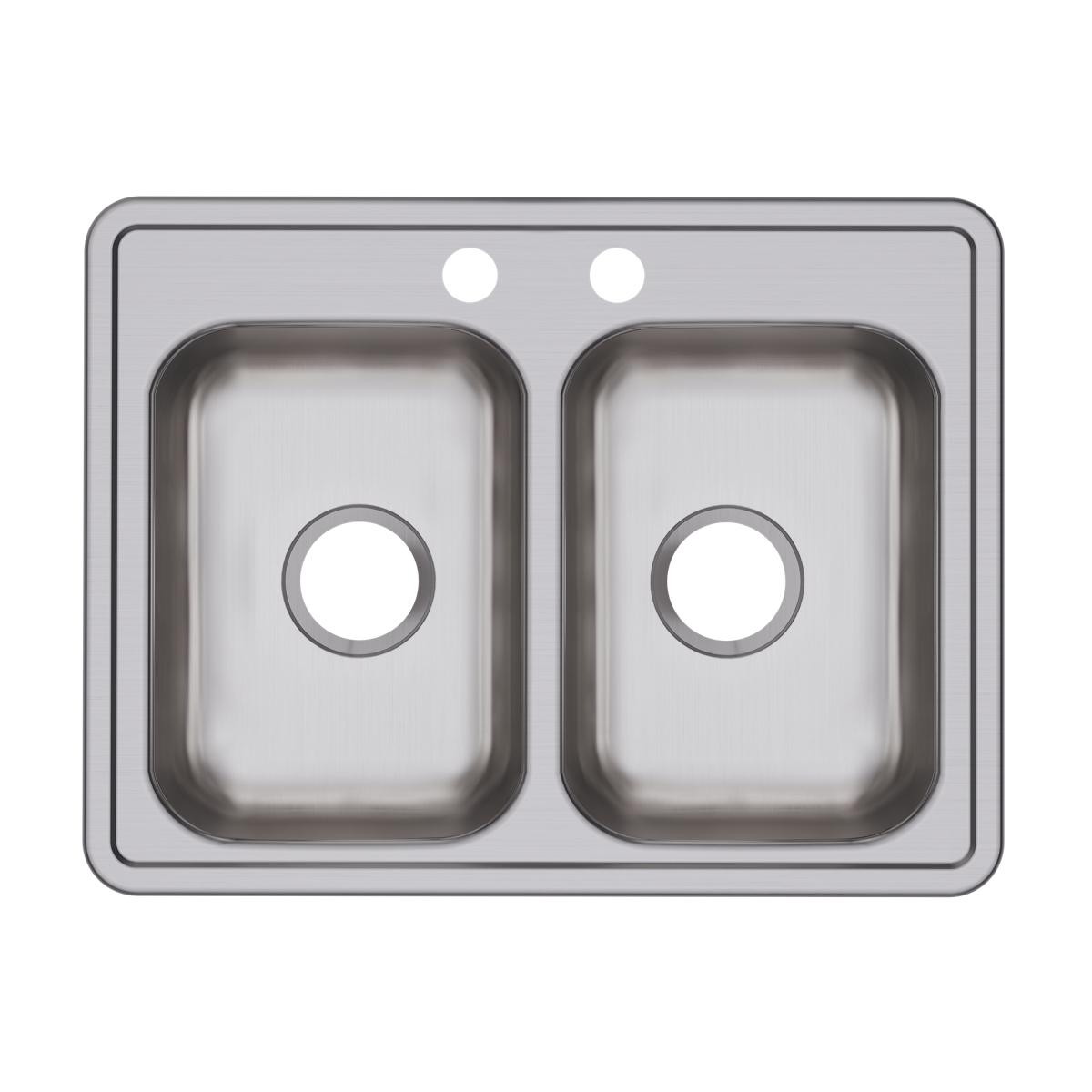 Stainless steel double bowl drop-in sink with two equal rectangular basins and faucet holes.