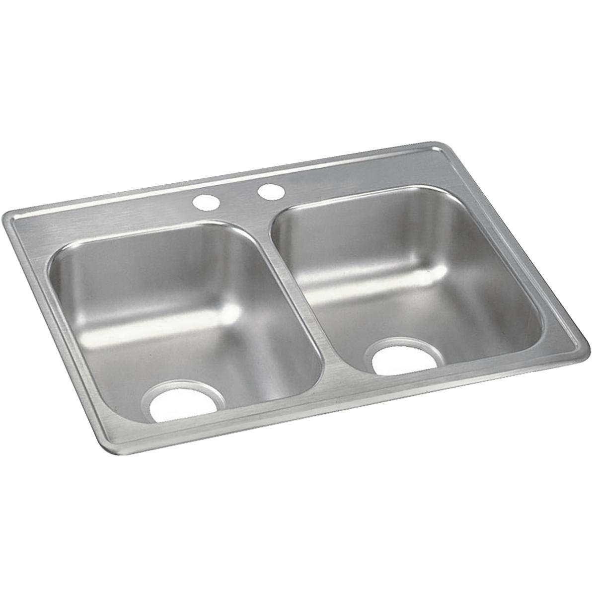 Stainless steel double bowl drop-in sink with two faucet holes on the rim.