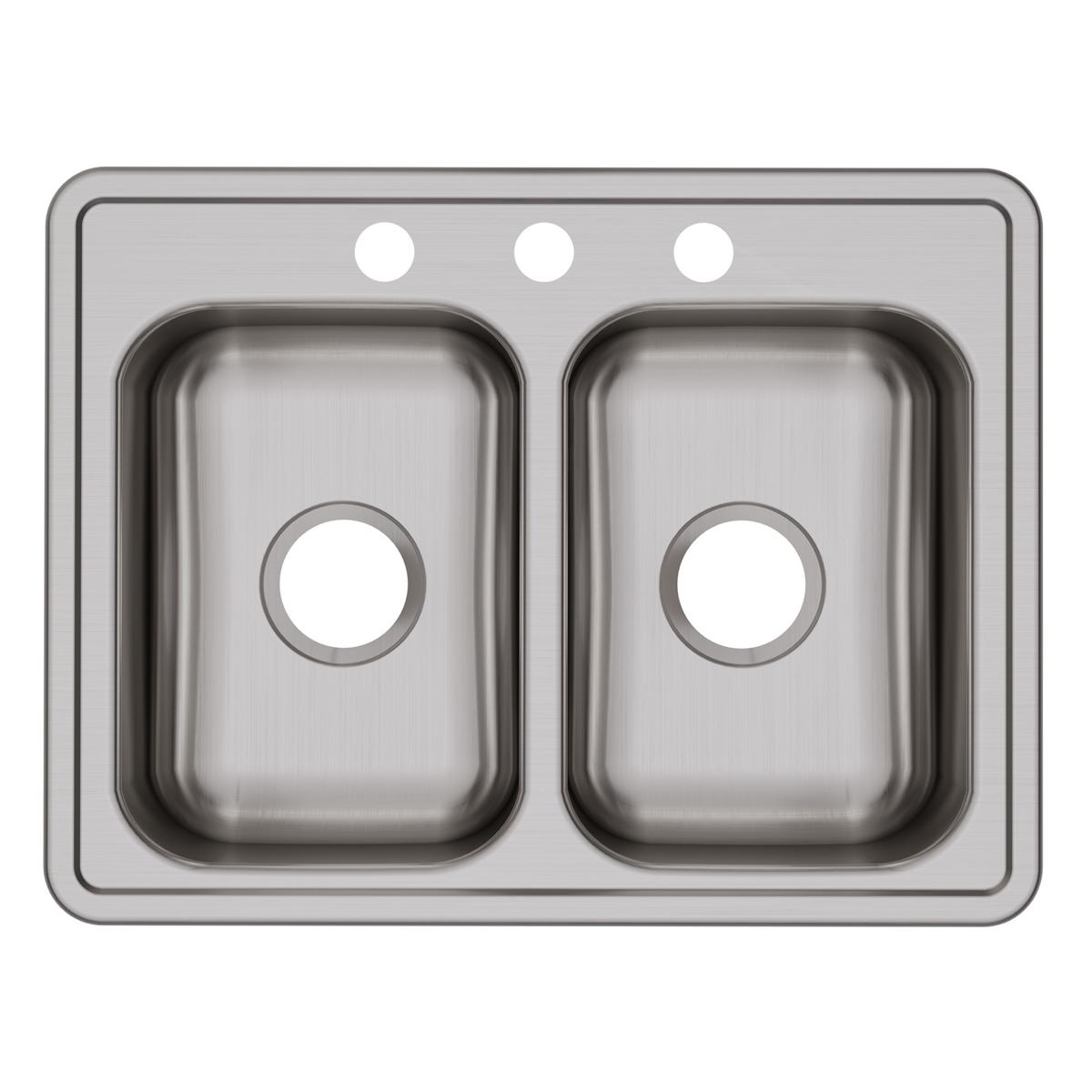 Stainless steel double bowl drop-in sink with three holes in the deck and rounded corners.