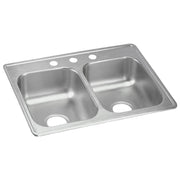 Stainless steel double bowl drop-in sink with three pre-drilled holes across top rim and drain holes in each bowl.
