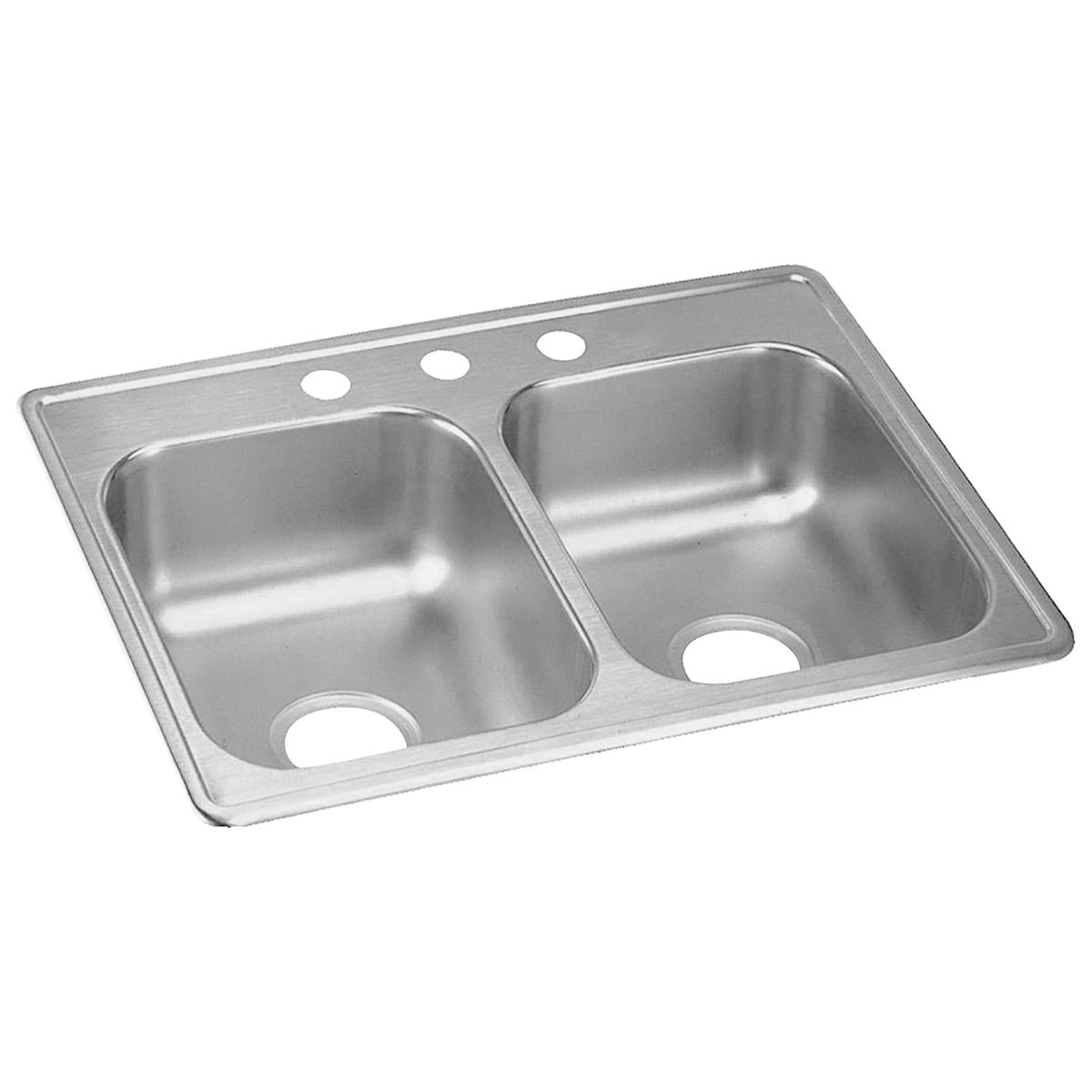 Stainless steel double bowl drop-in sink with three pre-drilled holes across top rim and drain holes in each bowl.
