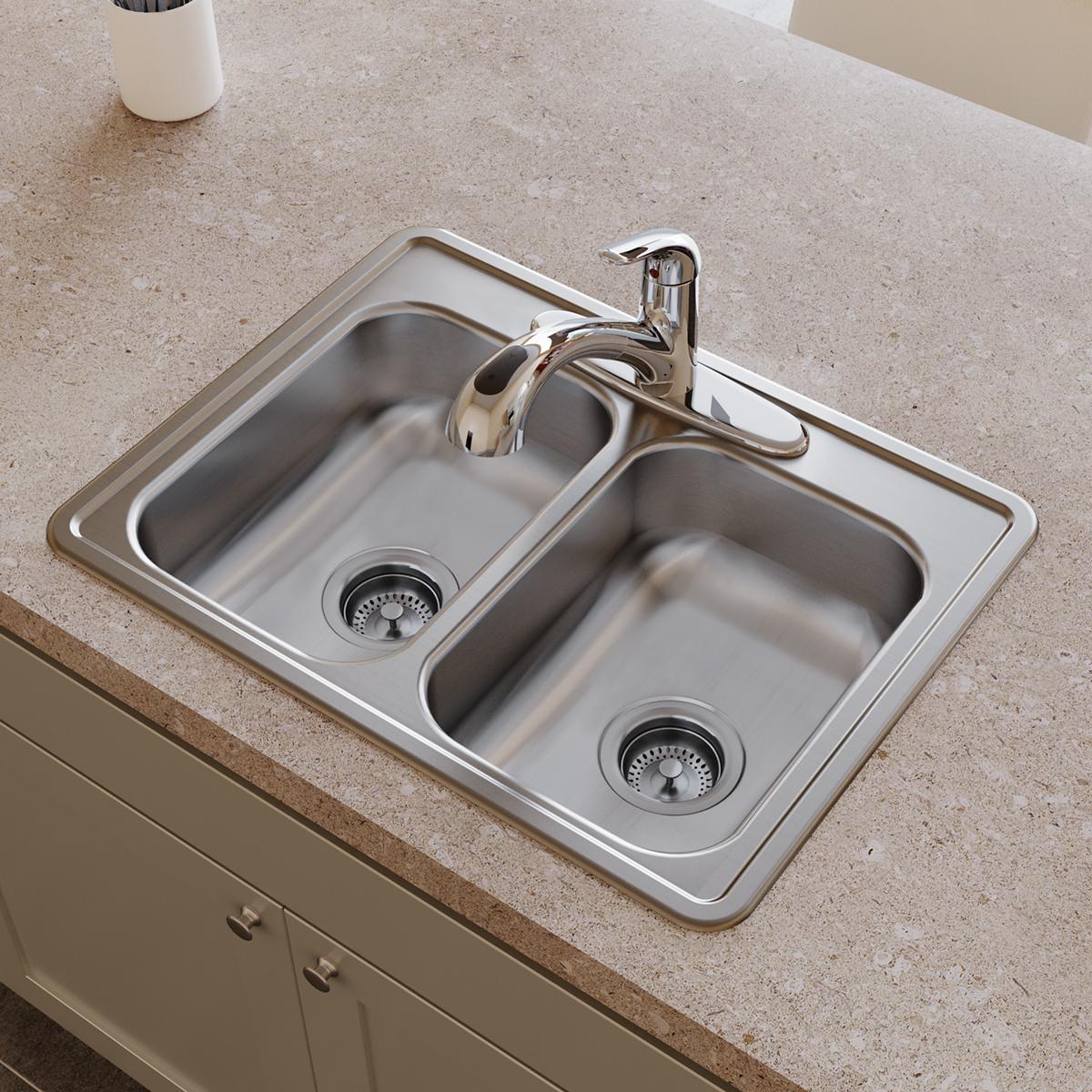Stainless steel double bowl drop-in sink with two equal basins, drain strainers, and chrome faucet installed in countertop.