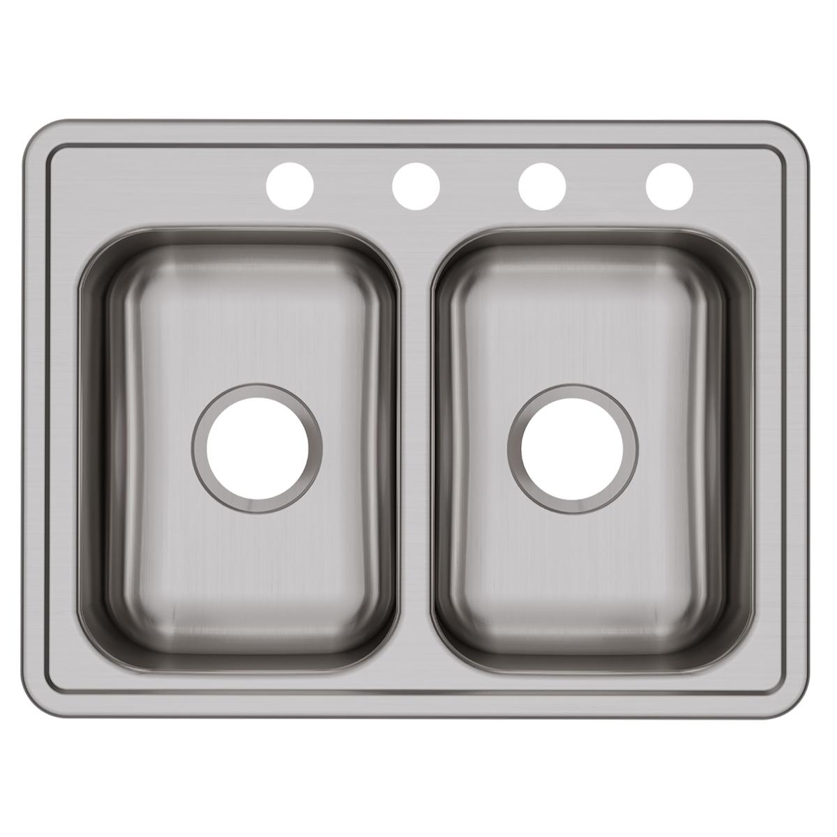 Stainless steel drop-in sink with two equal rectangular bowls and four pre-drilled holes in the rim.