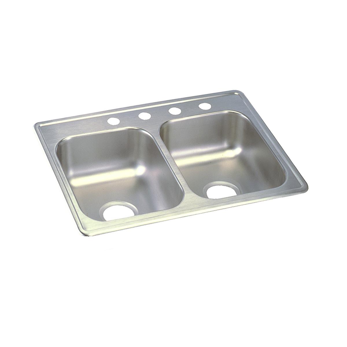 Stainless steel double bowl drop-in sink with four holes across the rim for faucet mounting.