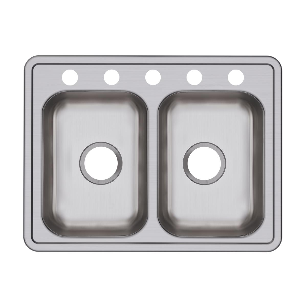 Stainless steel double bowl drop-in sink with five faucet holes across the rim.