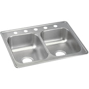 Stainless steel double bowl drop-in sink with five holes across the rim for faucet installation.