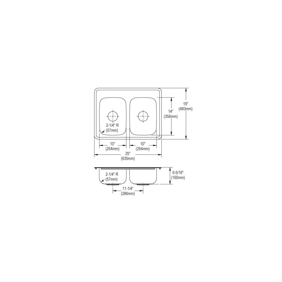 Elkay Dayton Stainless Steel 25" x 19" x 6-5/16" MR2-Hole Equal Double Bowl Drop-in Sink